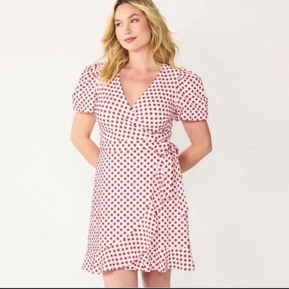 Draper James RSVP Embroidered Wrap Dress Red White Puff Sleeve Floral Size XS